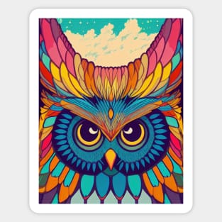 Colorful Owl Portrait Illustration - Bright Vibrant Colors Bohemian Style Feathers Psychedelic Bird Animal Rainbow Colored Art Sticker